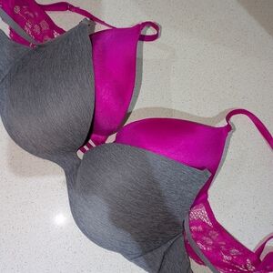 Elegant Gray and Pink Lace Bra